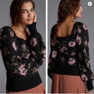 Anthropologie Square-Neck Off-the-Shoulder Black and Pink Floral sweater